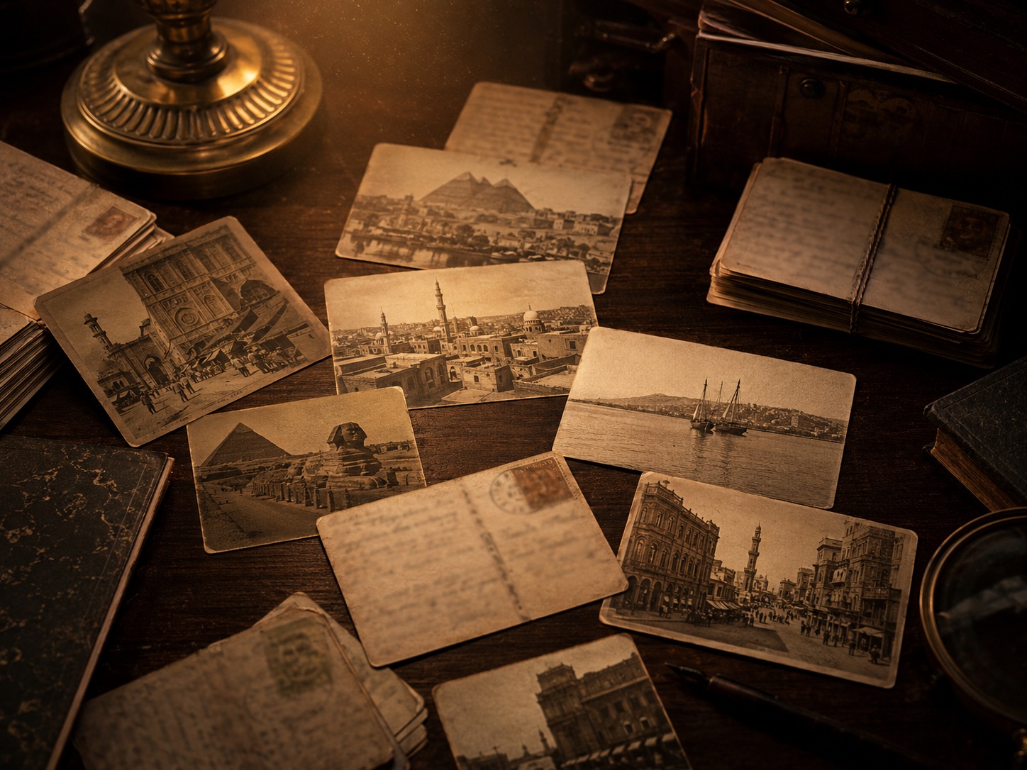 Aged early-1900s postcards of Egypt on an archive desk